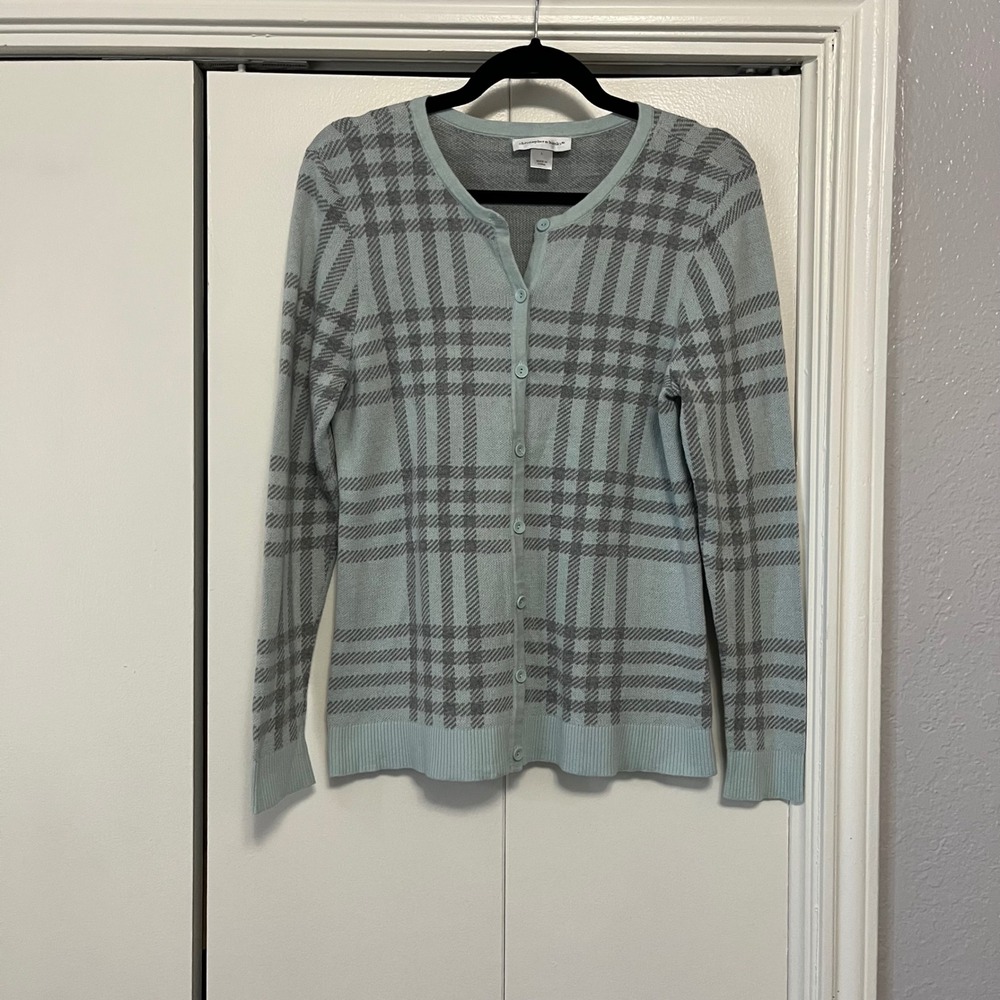 Christopher & Banks Women's Light Blue‎ Gray Plaid Button Up Cardigan Sweater